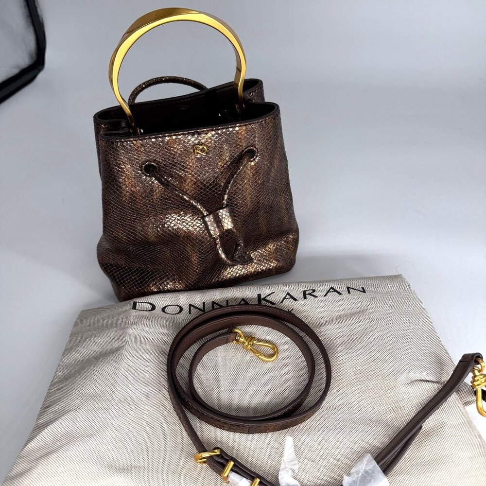 Donna Karan Drawstring Bucket Bag W/ Metallic Snake Print Leather - Picture 4 of 16